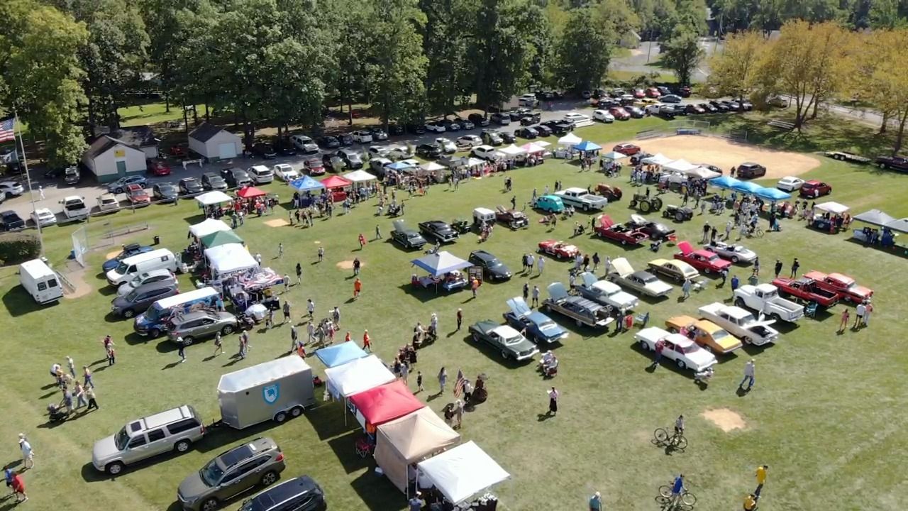 Aerial view of the classic car show and vendor tents at Coopersburg Community Day 2026
