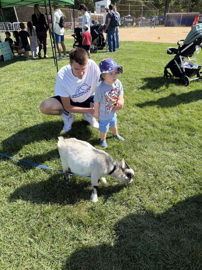 A young child meets a goat at the petting zoo at Community Day 2026