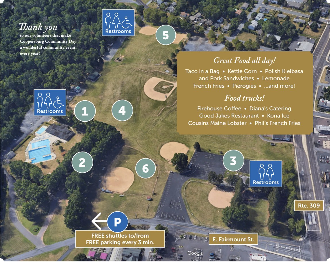 Coopersburg Community Day 2026 park map showing the main tent, craft alley, car show, food trucks, restrooms, and free parking shuttle