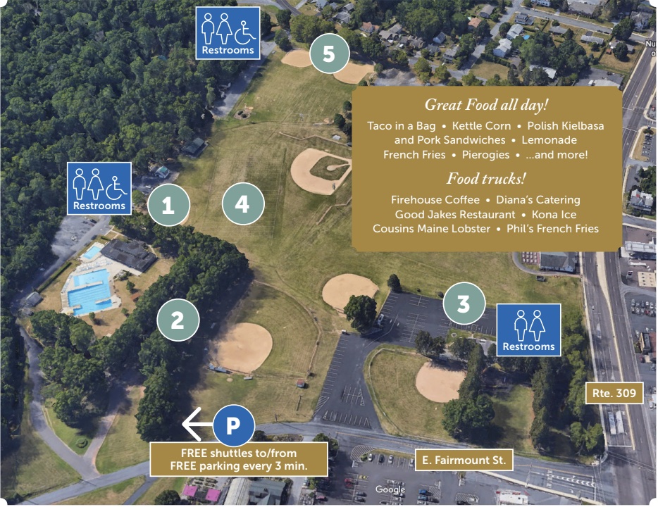Coopersburg Community Day 2026 park map showing the main tent, craft alley, car show, food trucks, restrooms, and free parking shuttle