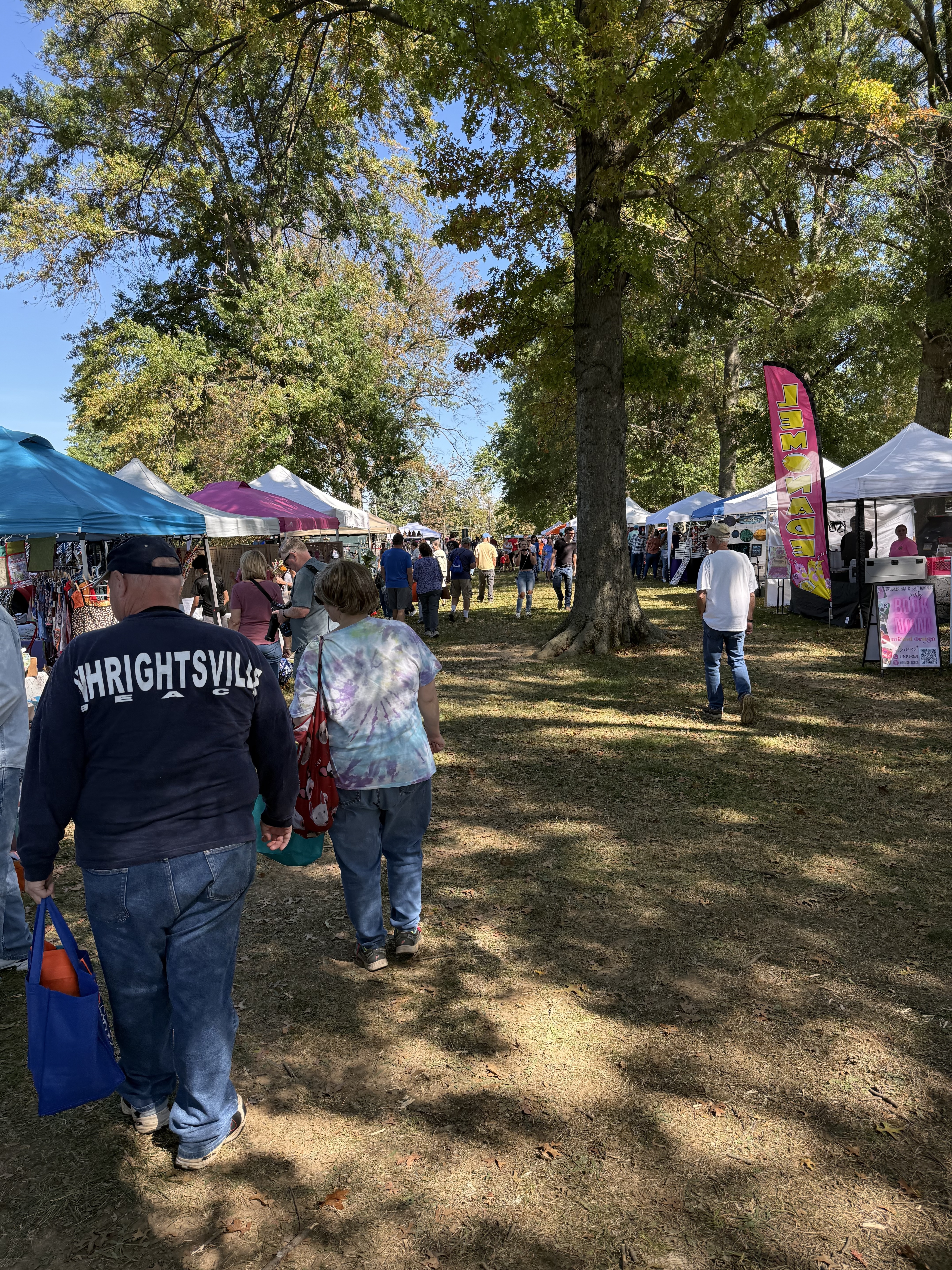 Visitors browsing vendor tents under shaded trees at Coopersburg Community Day